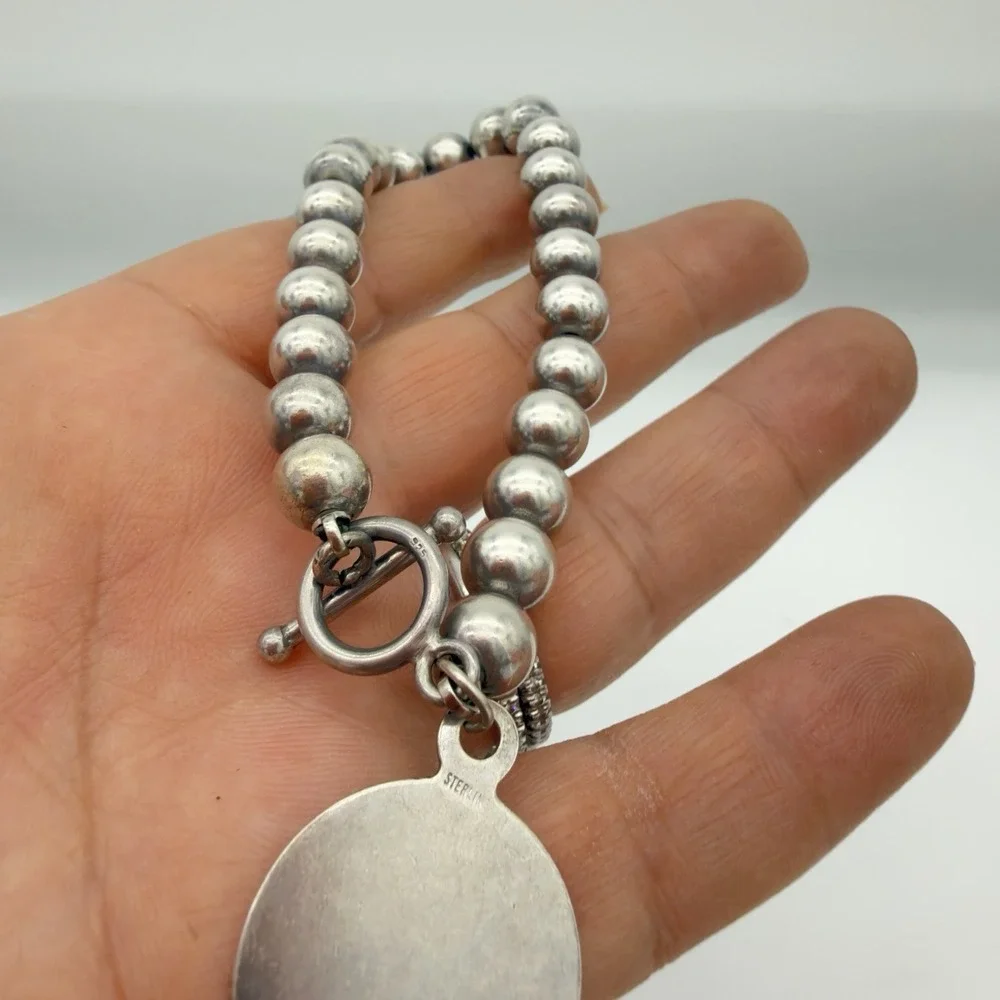 Vintage Sterling Silver 925 Ball Bead Toggle Bracelet Engravable Charm Sz 7